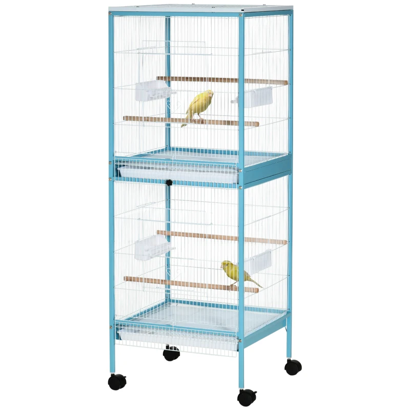 PawHut 55.1" 2 In 1 Bird Cage Aviary Parakeet House for finches, budgies with Wheels, Slide-out Trays, Wood Perch, Food Containers, Light Blue