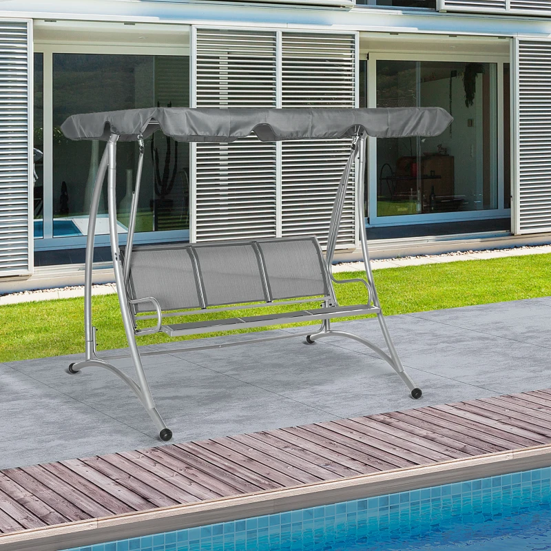 Outsunny 3-Seat Outdoor Porch Swing Chair, Patio Swing Glider with Adjustable Canopy, Breathable Seat, and Steel Frame for Garden, Poolside, Backyard, Gray