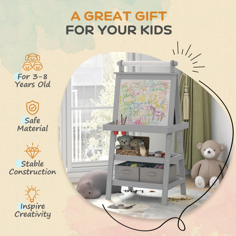 Qaba Double Sided Easel for Kids, Standing Toddler Easel with Paper Roll, Magnetic Whiteboard, Chalkboard & Storage, Gray