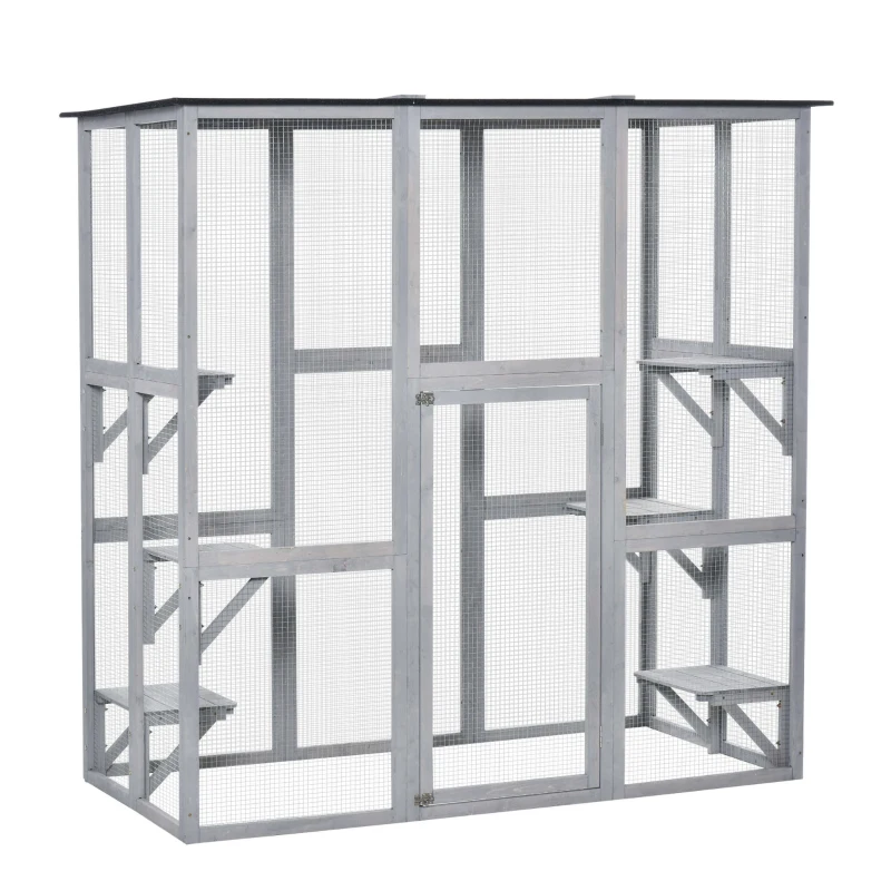 PawHut Large Outdoor Catio Enclosure, Weatherproof Cat House with Asphalt Roof,  Wooden Cat Patio Cage with 6 Balanced Platforms, 71" x 39" x 71", Grey