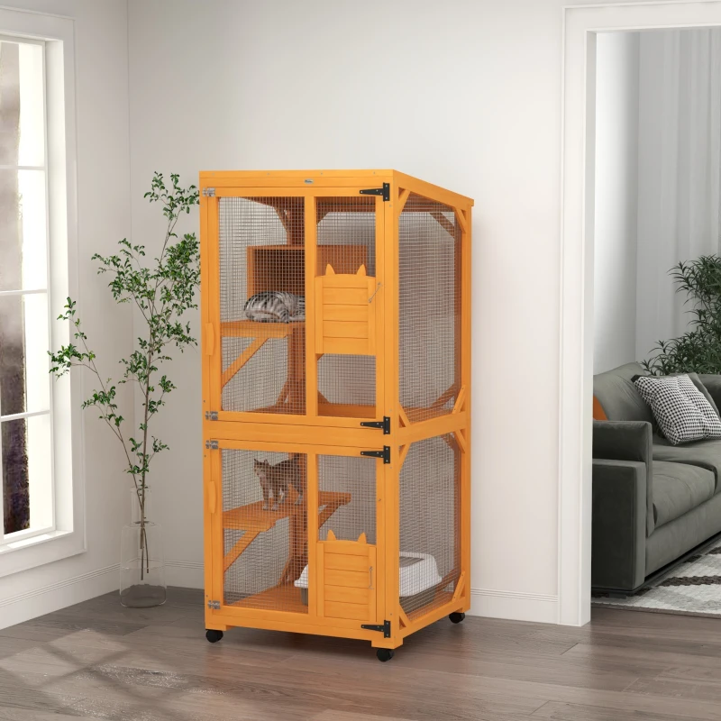 PawHut Large Cat House for 1-3 Cats on Wheels Wooden Catio Enclosure Orange