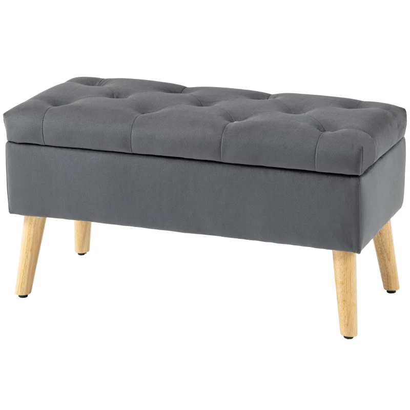 HOMCOM Storage Ottoman with Lid, Velvet Upholstered Storage Bench with Wood Legs for Living Room, Charcoal Grey