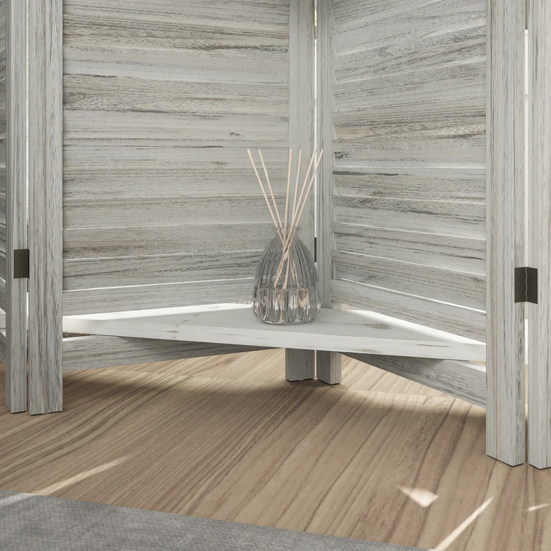 HOMCOM 5 Panel 67" Tall Wood Privacy Screen Room Divider with 3 Shelves and Folding Storage for Bedroom, Distressed White