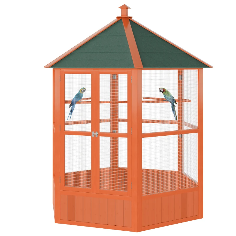 PawHut 70"H Wooden Bird Cage Hexagonal Outdoor Aviary with Doors