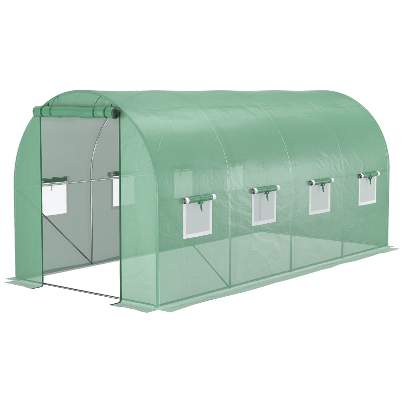 Outsunny 14.6' x 6.6' x 6.6' Walk-in Tunnel Hoop Greenhouse with Mesh Door & 8 Windows, Large Green House for Outside for Plants, Flowers, Vegetables, Galvanized Steel Frame & PE Cover, Green