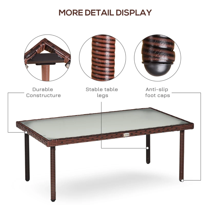 Outsunny Patio Wicker Dining Table, Outdoor Rattan Coffee Table with Glass Top for Garden, Patio, or Backyard, Brown