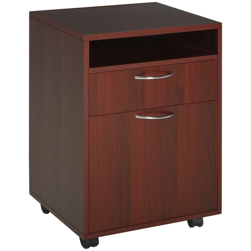 HOMCOM 24" Small Filing Cabinet with Open Compartment, Drawer and Wheels, Home Office Storage Cabinet, Espresso