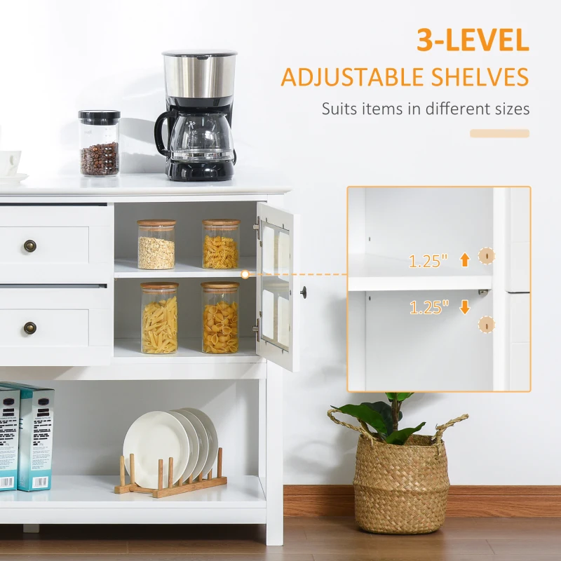 HOMCOM Coffee Bar Cabinet, Kitchen Cabinet with Adjustable Shelves, Glass Doors and 2 Drawers, Sideboard Buffet Cabinet for Living Room, White
