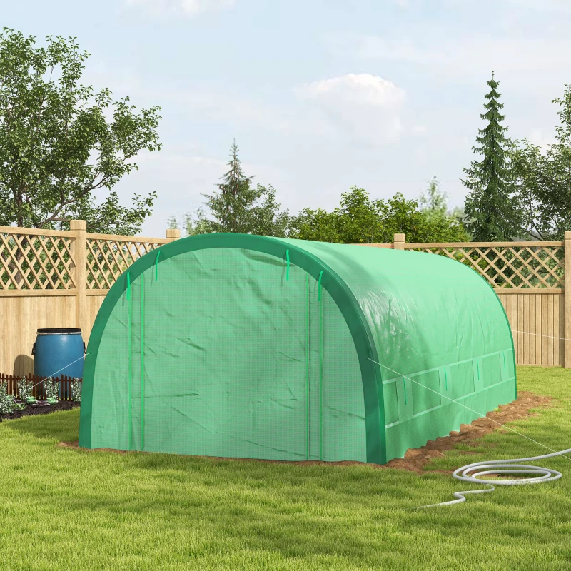 Outsunny 19.5' x 10' x 6.5' Upgraded Tunnel Greenhouse Green House with Mesh Door and Windows, 15 Plant Labels and Gloves, Green