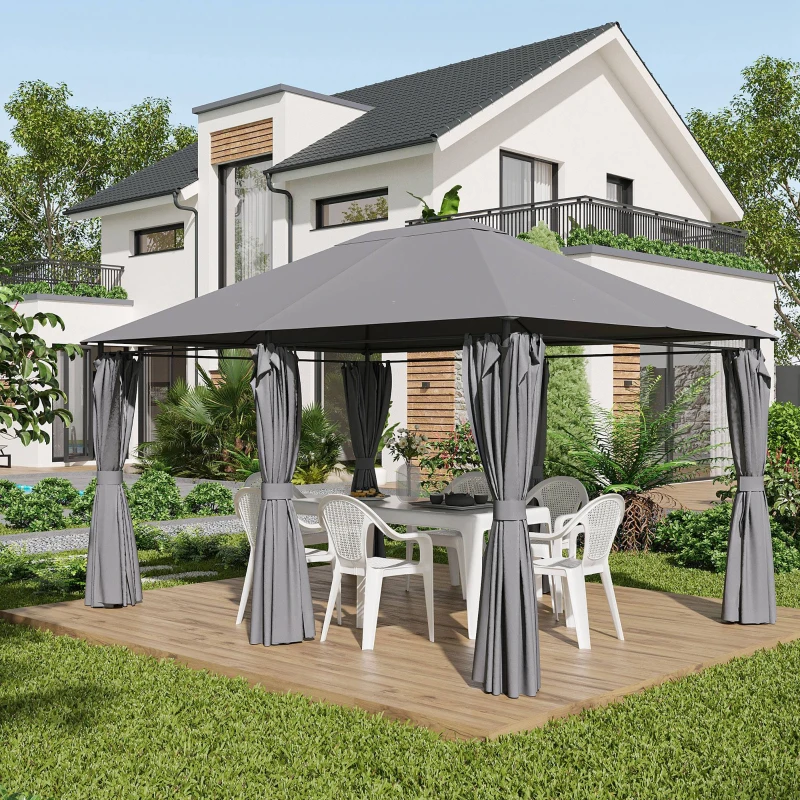 Outsunny 13'x 10' Soft-top Steel Patio Gazebo Canopy Party Tent with 6 Removable Curtains and Drainage Holes, Grey