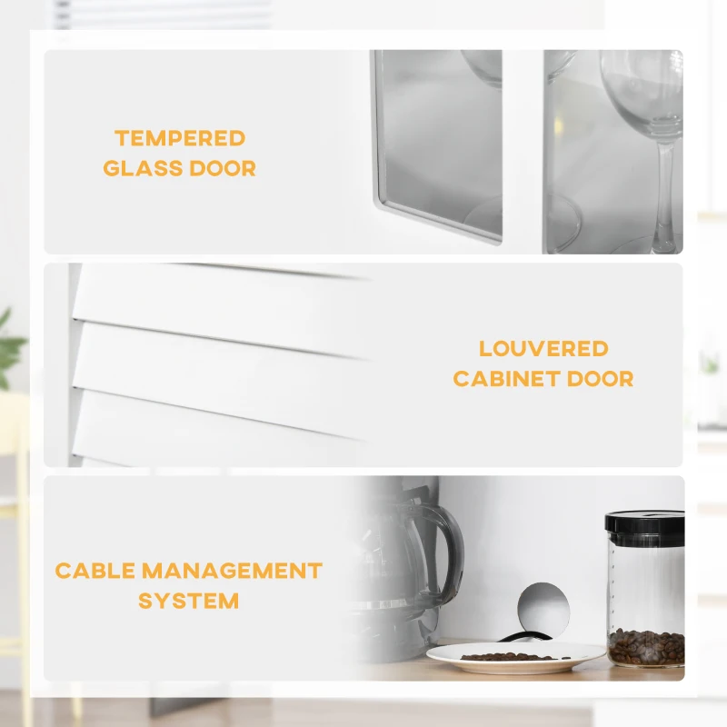 HOMCOM Coastal Style Kitchen Buffet and Hutch Wooden Storage Cupboard with Framed Glass Door LouveredCabinet  Drawers Microwave Space for Dining Room  Living Room  White