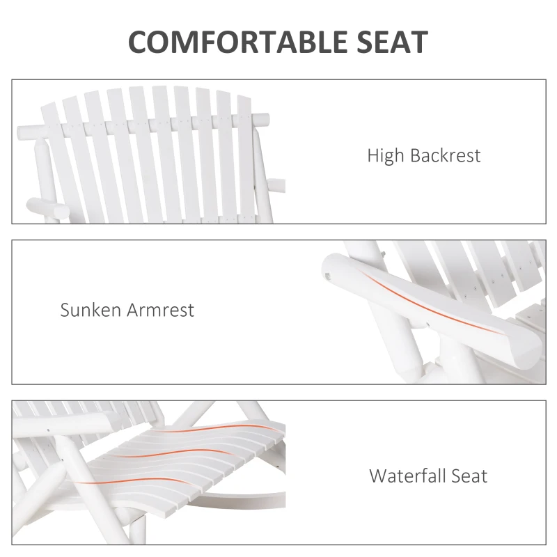 Outsunny Outdoor Wooden Rocking Chair, Double-Person Rustic Adirondack Rocker with Slatted Seat, High Backrest, Armrests for Patio, Garden and Porch, White