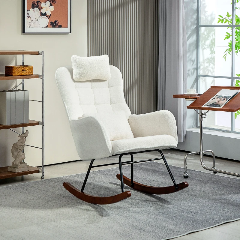 HOMCOM Nursery Rocking Chair with Headrest, Lumber Pillow, Nursing Chair with High Back for Living Room, Bedroom, Cream White