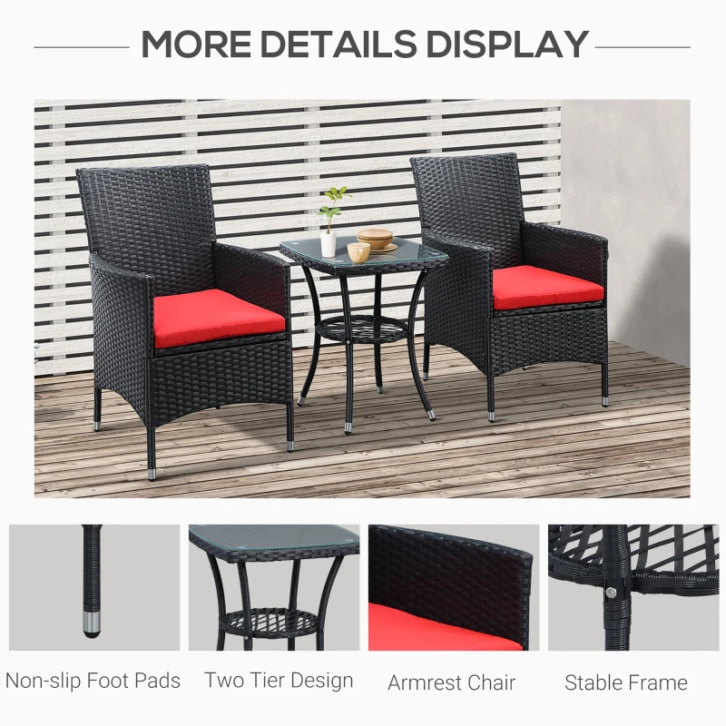 Outsunny 3 Pieces Wicker Patio Furniture Set, Rattan Bistro Set with Glass Top Coffee Table and Cushions, Outdoor Conversation Set for Garden, Porch, Balcony, Red