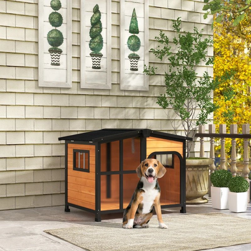 PawHut Cabin-Style Wooden Dog House for Large Dogs with Openable Roof & Giant Window, Yellow