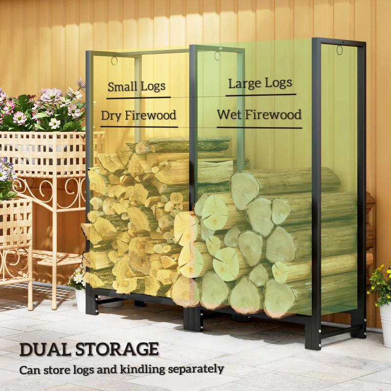 Outsunny 4ft Firewood Rack with Dual Space and Lock Rings, Steel Log Holder for Outdoor Indoor, Black