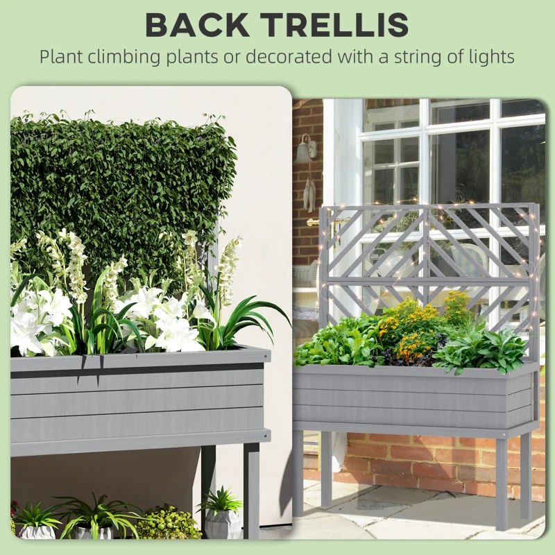 Outsunny Elevated Wood Planter with Trellis for Climbing Plants, Raised Garden Bed with Legs and Drainage Holes, Gray