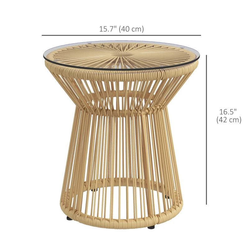 Outsunny Round End Table, Rattan Side Table, Hollow Drum Design Coffee Table w/ Glass Tabletop for Patio, Garden, Balcony, Beige