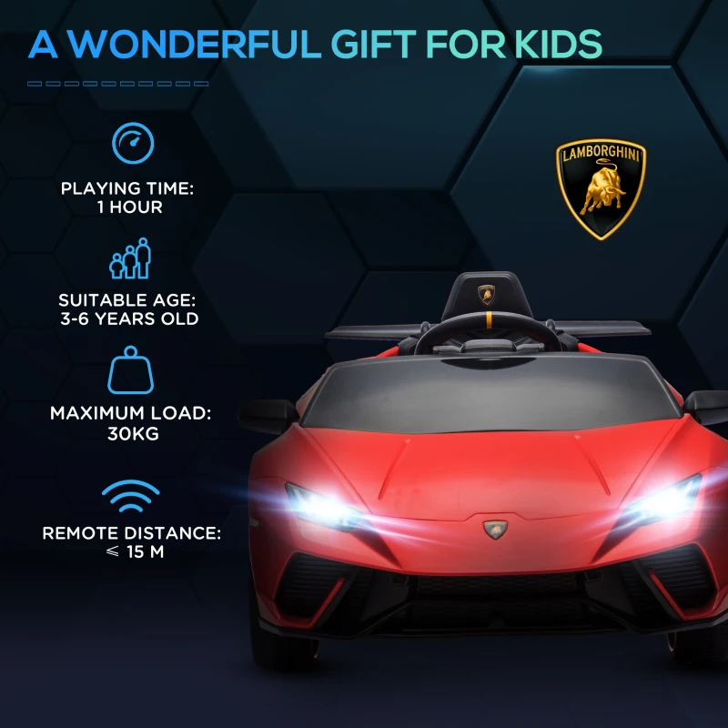 Qaba 12V Lamborghini Huracan Licensed Kids Electric Car with Remote Control, Spring Suspension, Transport Wheels, Red