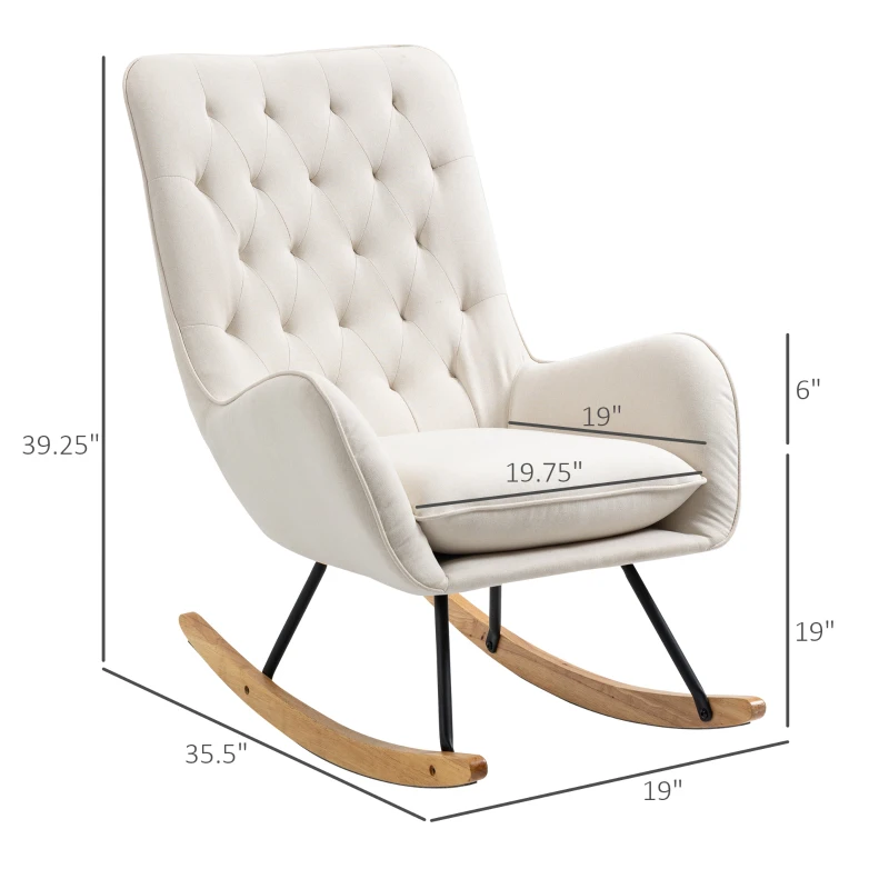 HOMCOM Mid-Century Fabric Rocking Chair Sofa Armchair Tufted Rocker Wingback Accent Chair with Padded Seat, Rubber Wood Base for Home Studio, Bedroom, Living Room, Cream White