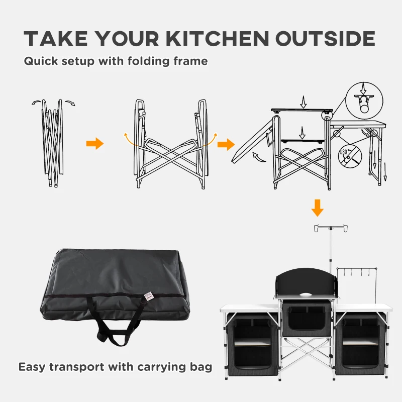 Outsunny Aluminum Camping Kitchen, Portable Folding Camping Table with Fabric Cupboards, Windshield, Bag for BBQ, Picnic, Black