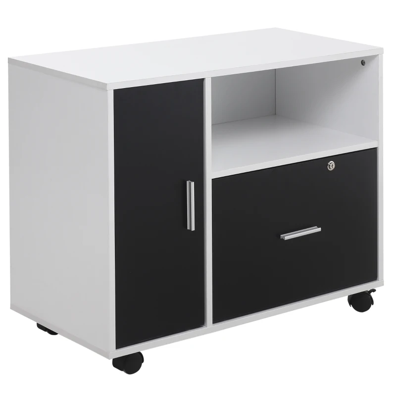 HOMCOM Lateral Filing Cabinet with Lockable Drawer and Open Storage Shelf for Hanging Legal, Letter Sized Files, Mobile Printer Stand for Home Office, Black and White