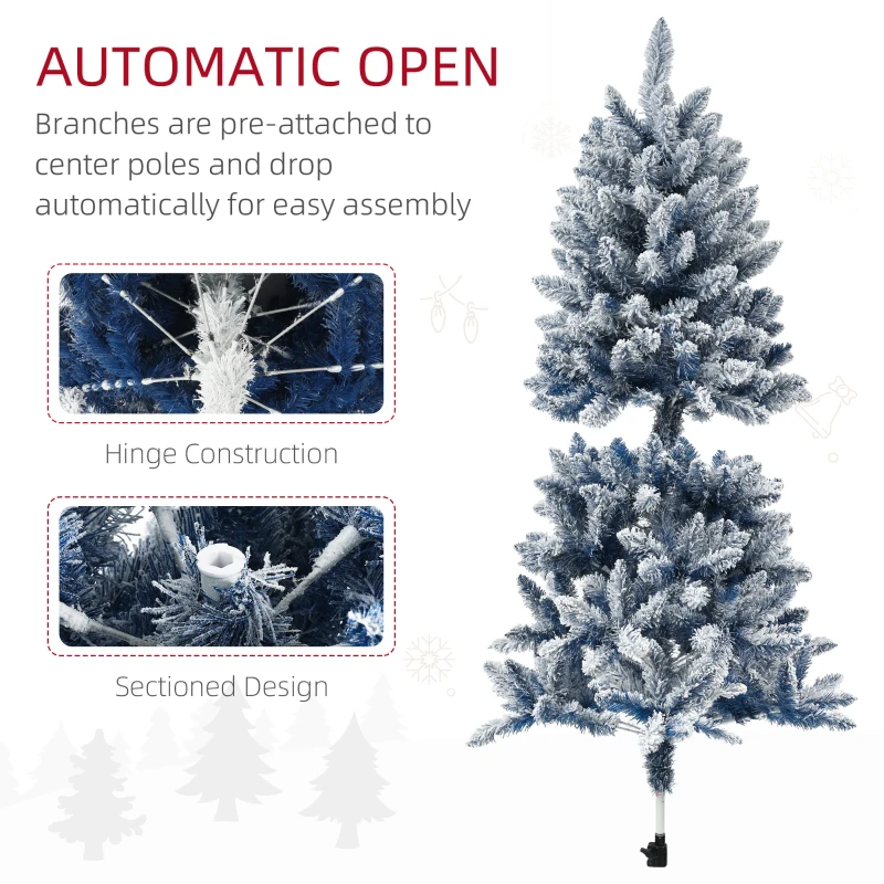 HOMCOM 5ft Flocked Blue Christmas Tree, Artificial Christmas Tree with Hinged Design, Faux Snow, for Home Office Holiday Xmas