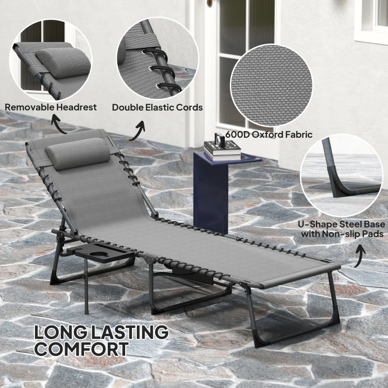 Outsunny Folding Outdoor Chaise Lounge Chair Tanning Chair with 5-Level Adjustable Back, Side Table, Pillow, Pocket, Gray