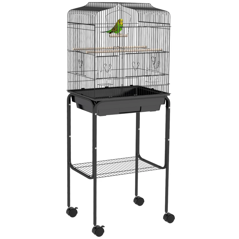 PawHut 49" Rolling Bird Cage Cockatoo House Play Top Finch Pet Supply with Storage Shelf, Wheels - Black