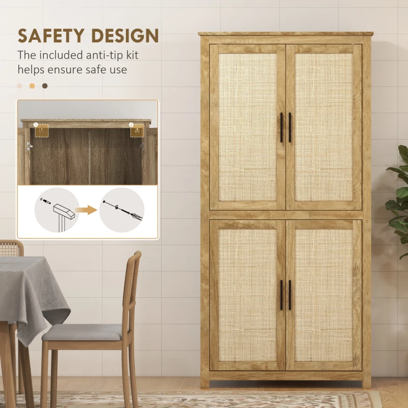 HOMCOM 64" Kitchen Pantry, Tall Storage Cabinet with 4 Rattan Doors, 4 Tier Shelves and Adjustable Shelf, Natural