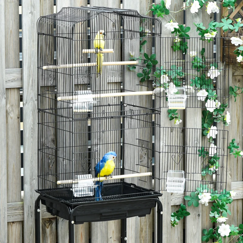 PawHut 62" Rolling Bird Cage Cockatoo House Play Top Finch Pet Supply with Storage Shelf, Wheels - Black