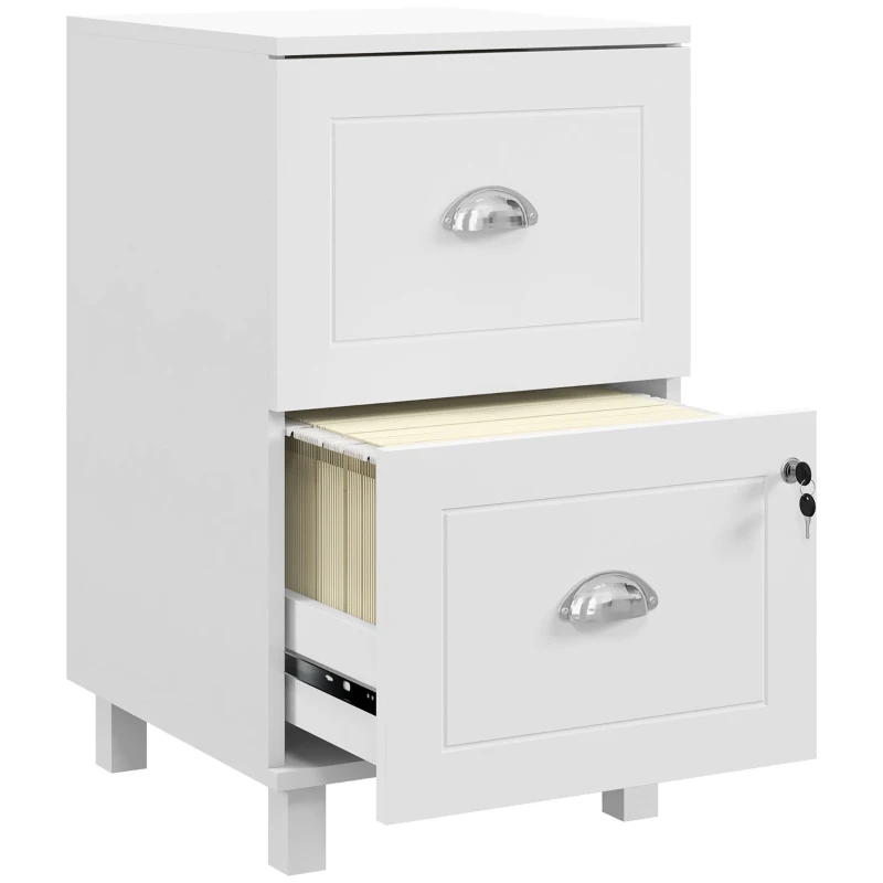 HOMCOM 2-Drawer Small Filing Cabinet Lockable Home Office Storage Cabinet with Adjustable Hanging Bars for A4 Letter White