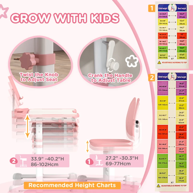 Qaba Adjustable Kids Desk and Chair Set with Tilt Desktop & Storage, Pink