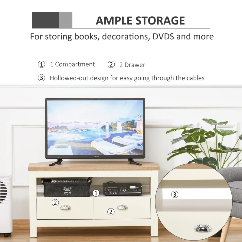 HOMCOM Corner TV Stand Up To 50", Entertainment Center TV Console Table with Drawers and Open Storage Compartment for Living Room, White