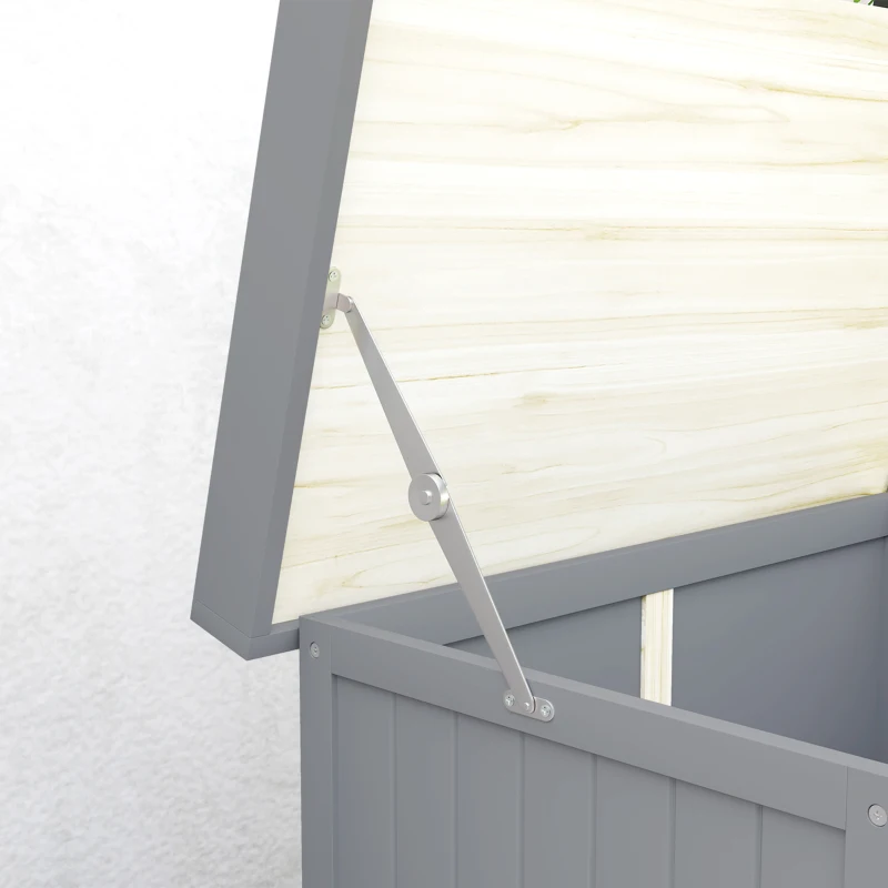 Outsunny Outdoor Storage Cabinet, Garden Tool Shed with Metal Tabletop and Shelf, Wooden Potting Bench with 2 Doors, Gray