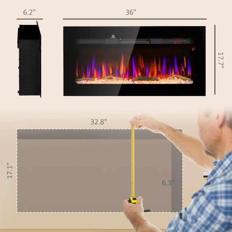 HOMCOM 36" Recessed or Wall Mounted Electric Fireplace Heater with Remote Control, Adjustable Flame Color and Brightness