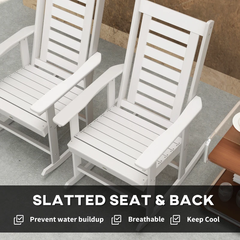 Outsunny 2 Pieces Outdoor Rocking Chairs, HDPE Patio Rockers with 28" High Back, Wide Armrests for Porch Backyard, White