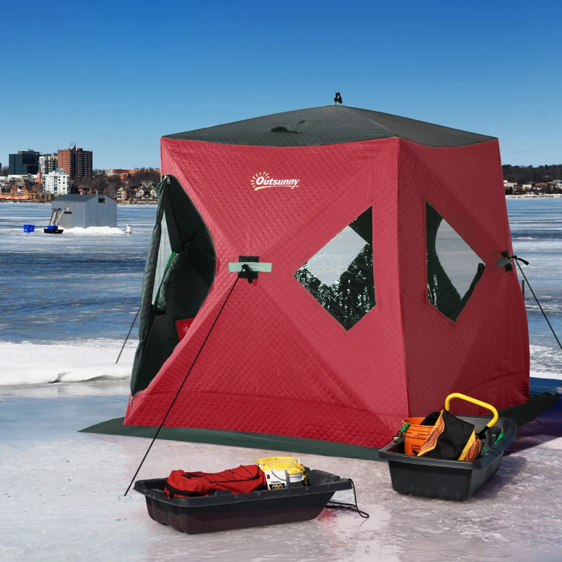 Outsunny 2 Person Insulated Ice Fishing Shelter Pop-Up Portable Ice Fishing Tent with Carry Bag and Anchors for Lowest Temps -22℉, Red