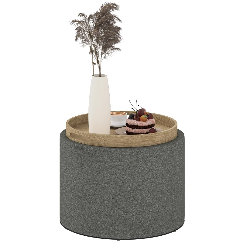 HOMCOM Round Storage Ottoman Coffee Table with Flip Top Tray, Linen Fabric Upholstered Footstool with Hidden Compartment