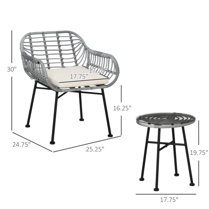 Outsunny 3 Piece Patio Set, Outdoor Bistro Furniture, PE Rattan Wicker Table and Chairs, Cushioned, Cream White