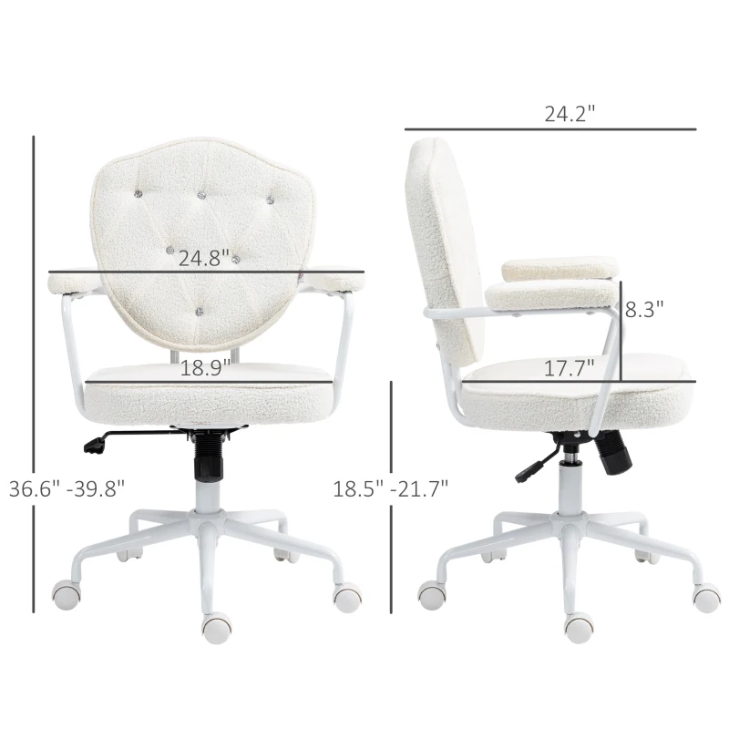HOMCOM Cute Office Chair, Desk Chair with Button Tufted Teddy Bear Fleece, Swivel Computer Vanity Chair, Cream White