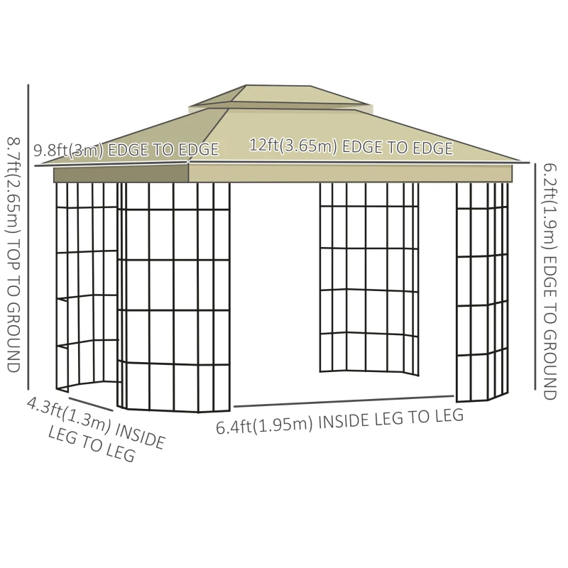 Outsunny 12'x10' Soft-top Patio Gazebo Canopy Steel Gazebo with Double Vented Roof, Mosquito Netting, Beige