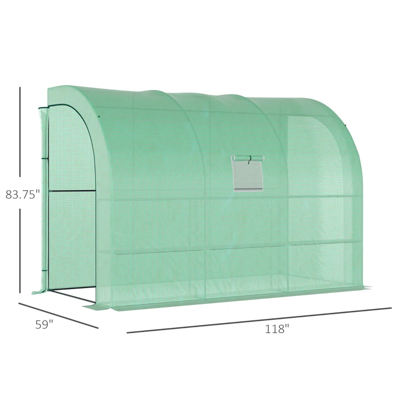 Outsunny 10' x 5' x 7' Lean to Greenhouse, Walk-In Green House, Plant Nursery with 2 Roll-up Doors and Windows, PE Cover and 3 Wire Shelves, Green(m-3)