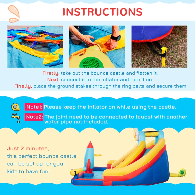 Outsunny 5-in-1 Inflatable Water Slide, Rocket Themed Kids Bounce House with Slide, Pool, Water Cannon, Hoop, Climbing Wall Includes Carry Bag, Repair Patches, without Air Blower