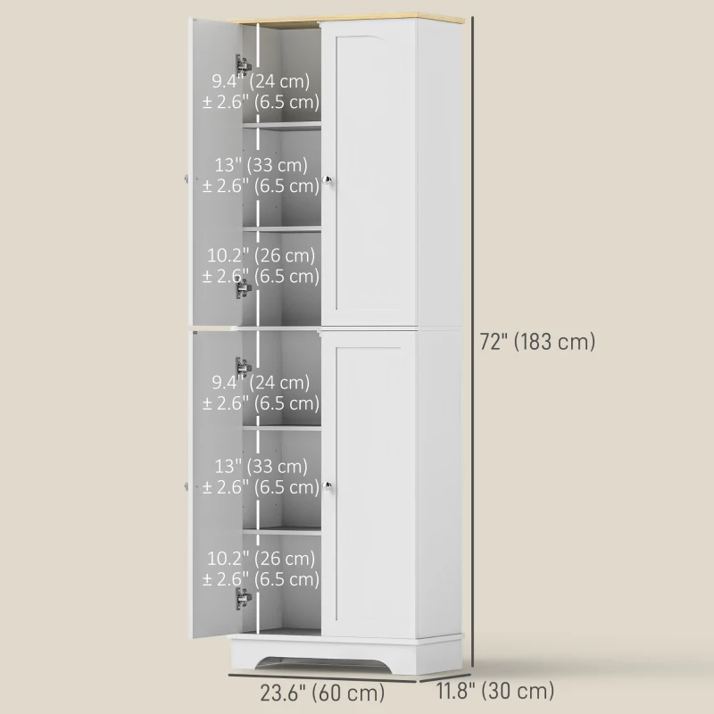 HOMCOM 72" Tall Pantry Cabinet, Kitchen Pantry Cabinet with Adjustable Shelves, Storage Cabinet with 4 Doors, White