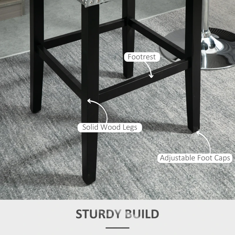 HOMCOM Upholstered Fabric Bar Stool Set of 2, Button Tufted 29.5" Seat Height Pub Chairs with Back & Wood Legs, Grey
