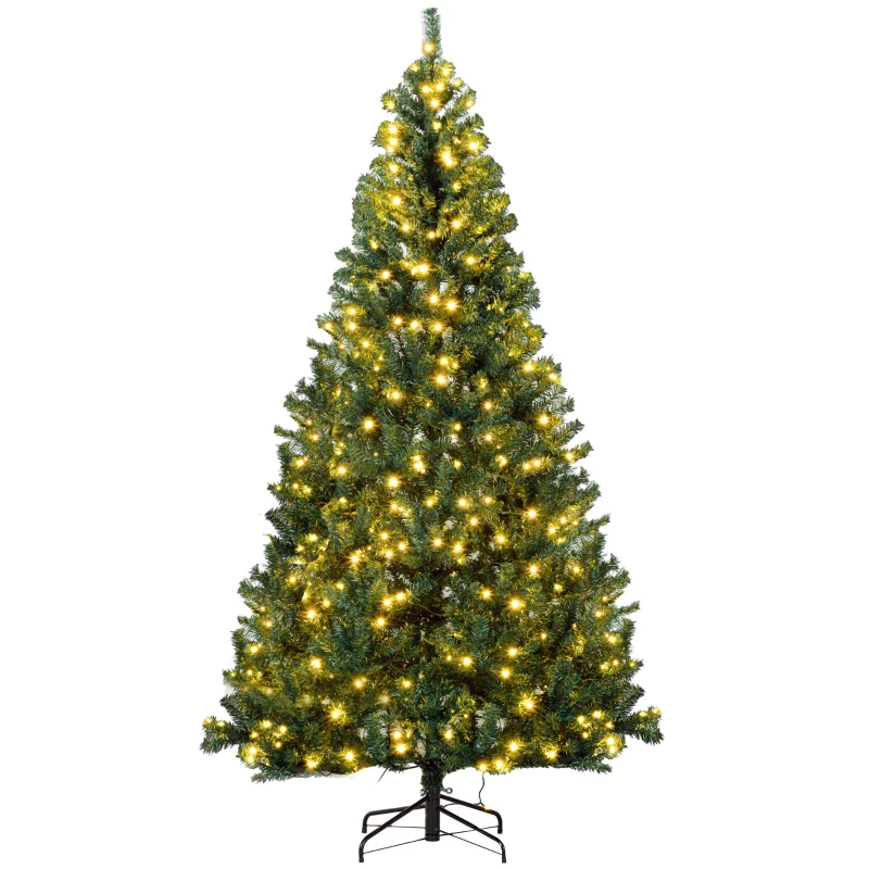 HOMCOM 7.5 FT Tall PreLit Artificial Christmas Tree with Realistic Branches, 500 Warm White LED Lights and 1346 Tips, Green