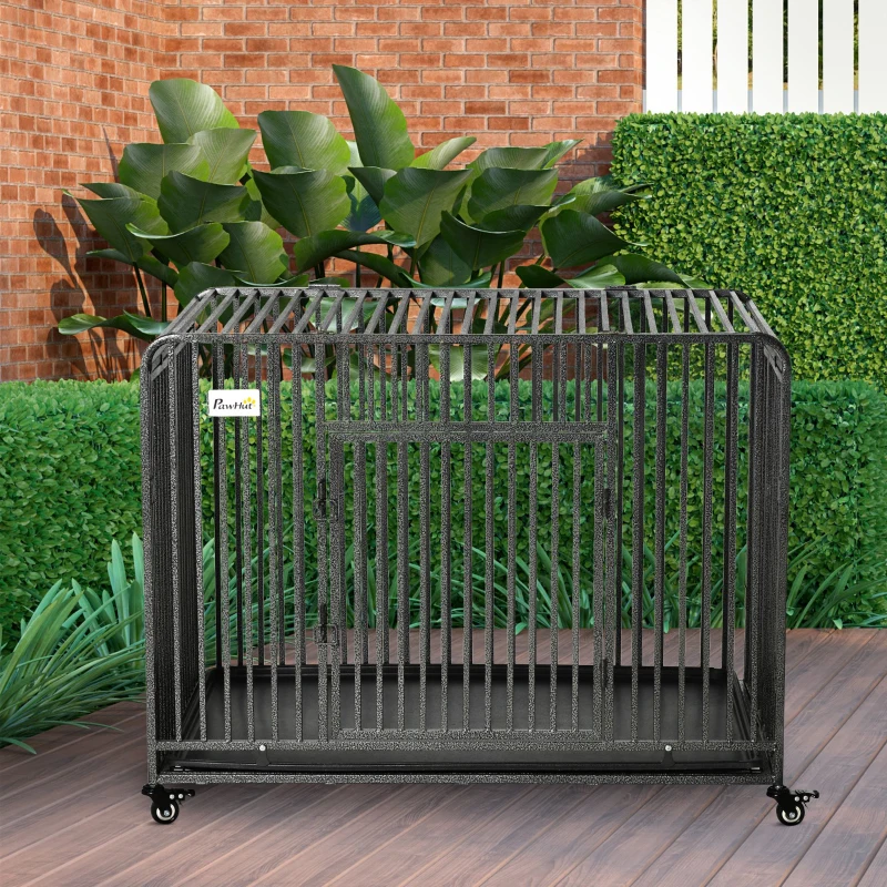 PawHut Heavy Duty Dog Crate, Foldable Pet Kennel Cage, with All Steel Frame Removable Tray, 4 Locking Wheels, for Medium & Large Dogs, Dark Silver