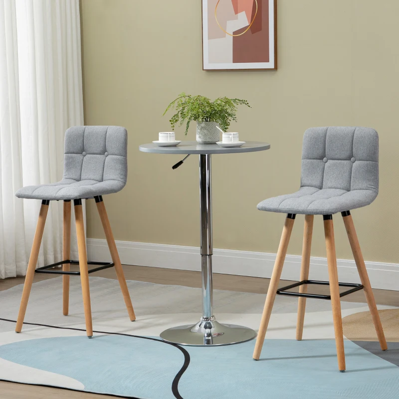 HOMCOM Modern Bar Stools Set of 2, 38" Upholstered Kitchen Island Stool with Solid Wood Legs, Grey