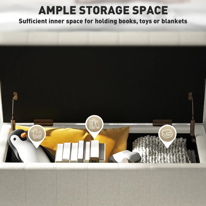 HOMCOM Storage Ottoman, Linen Fabric End of Bed Bench with Button Tufted Storage Bench for Bedroom, Beige